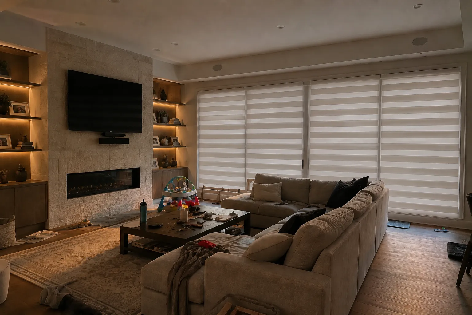 dual shades in the tv room