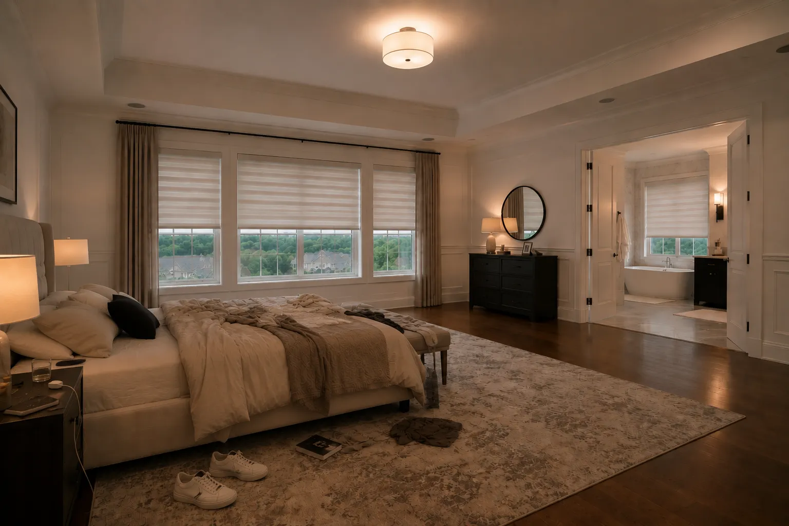 Dual shades in a bedroom
