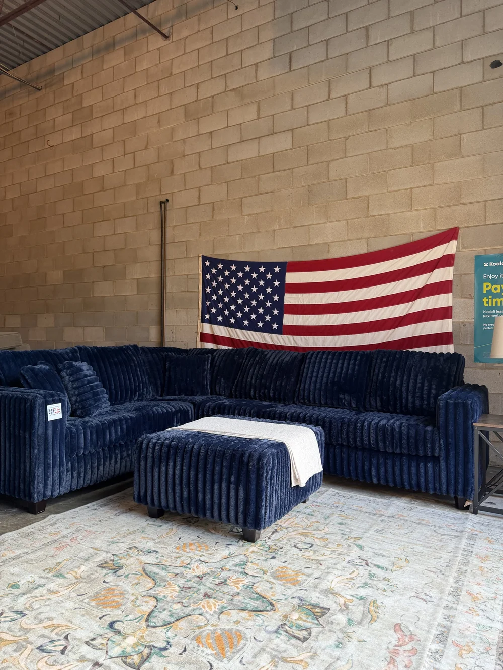 Brand New Blue Plush Sectional Sofa w/ Ottoman