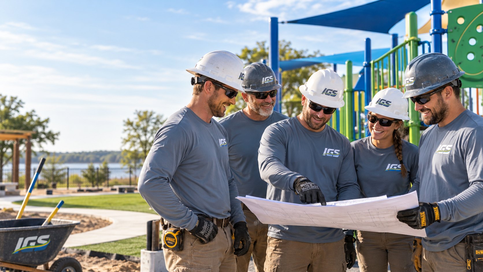 An IGS crew reviewing project plans on an active recreation site