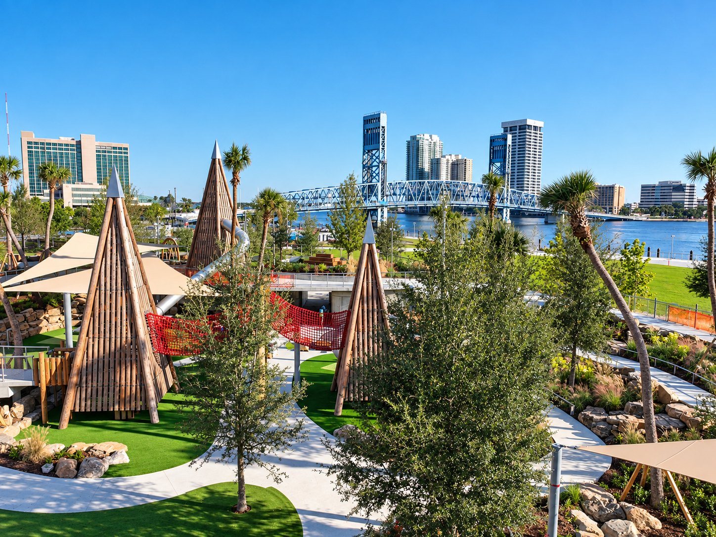 Riverfront Plaza's timber play towers with the Main Street Bridge and downtown Jacksonville beyond