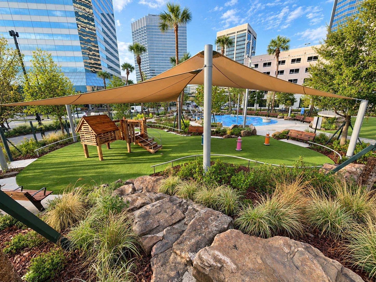 Riverfront Plaza in Jacksonville, Florida — a completed full-site commercial installation with playground, fitness, surfacing and concrete work