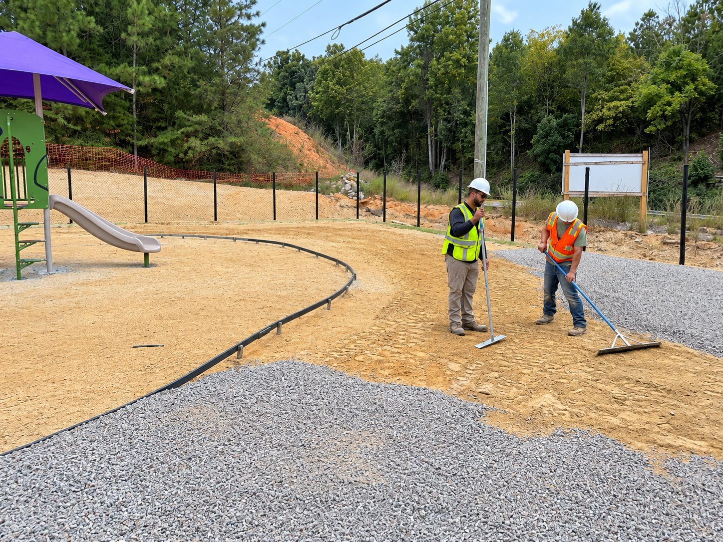 An IGS crew raking and leveling base material ahead of surfacing