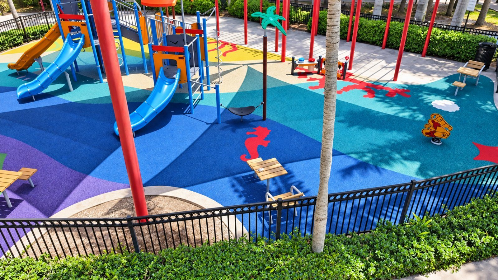 A completed ocean-themed play area with poured-in-place surfacing and shade sails