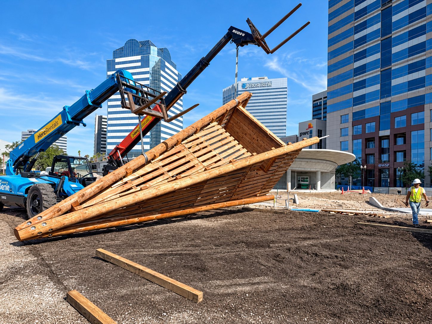 A custom timber play structure being lifted into place at Riverfront Plaza in downtown Jacksonville