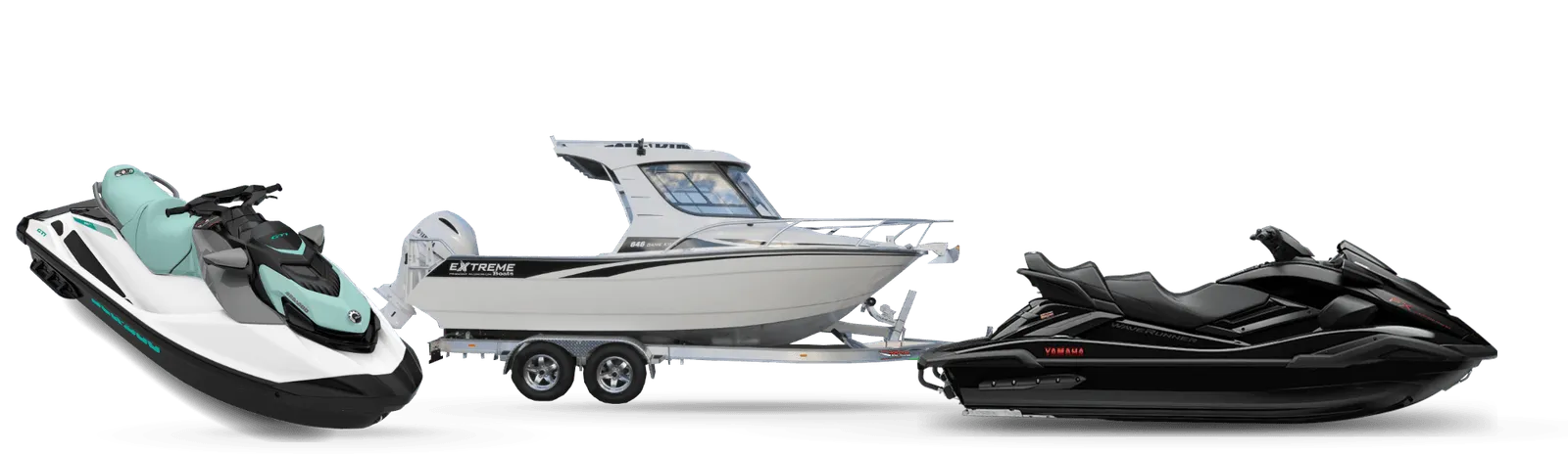 A lineup of two jet skis and a boat on a trailer