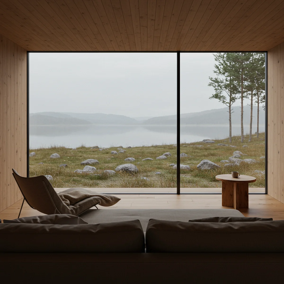 Minimalist wooden room with large floor-to-ceiling windows overlooking a misty lakeside landscape with rocks, grassy shore, and a small cluster of trees.