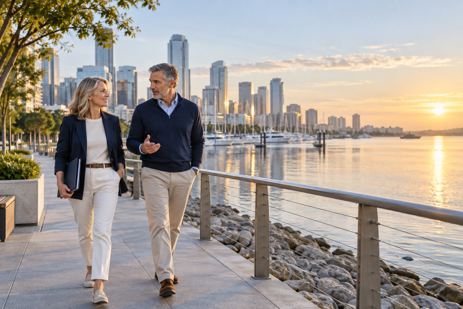 Active couple around age 60 discussing retirement while walking along a waterfront near a city skyline.