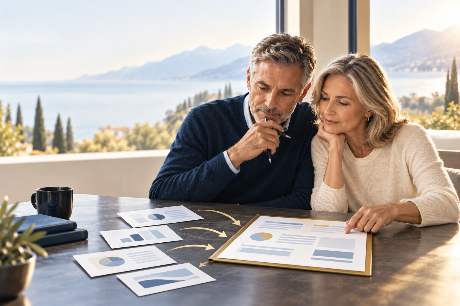 Couple reviewing separate retirement planning documents being combined into one coordinated plan.