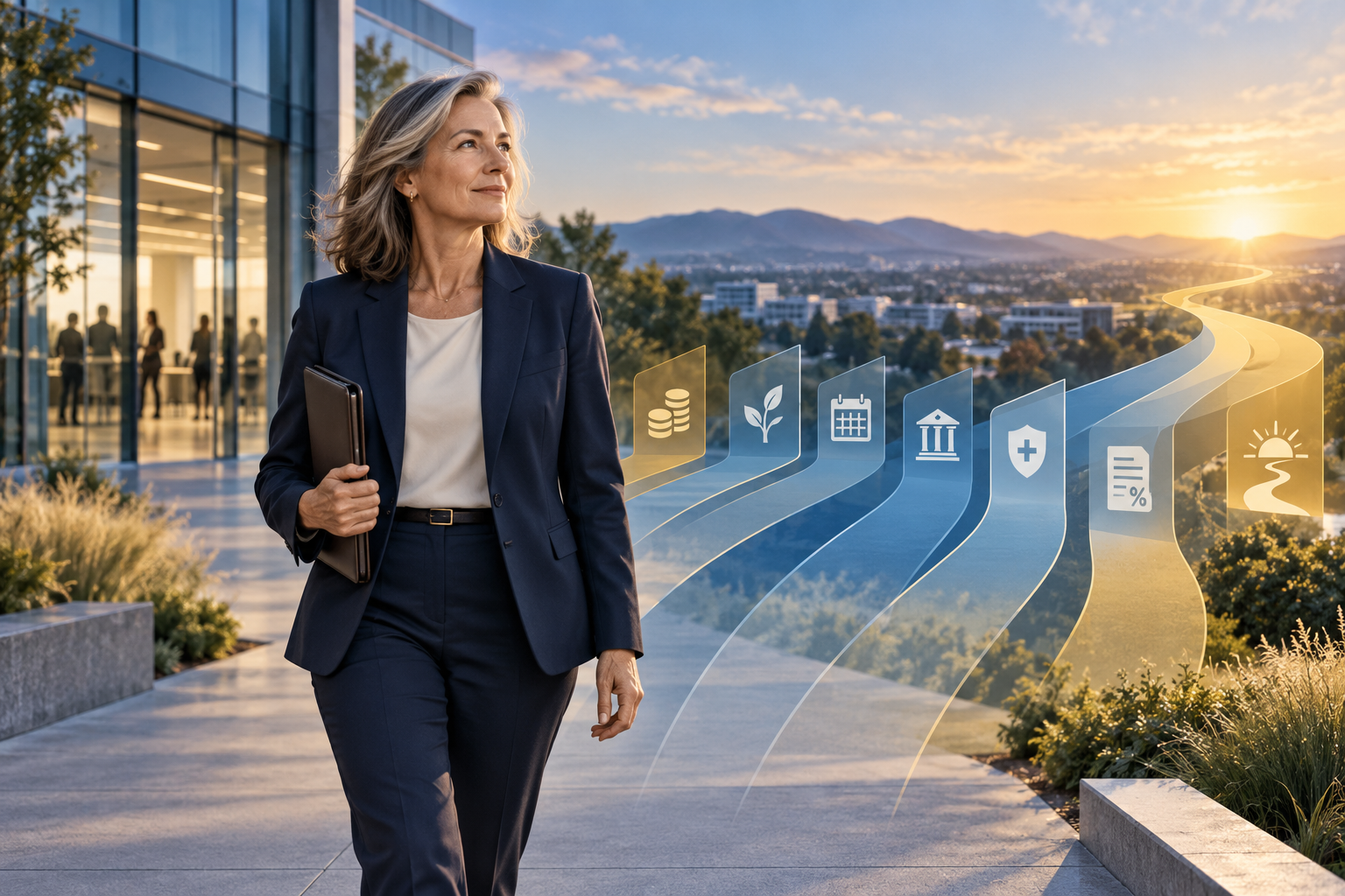 Pharmaceutical executive leaving a corporate campus while considering the financial decisions ahead.