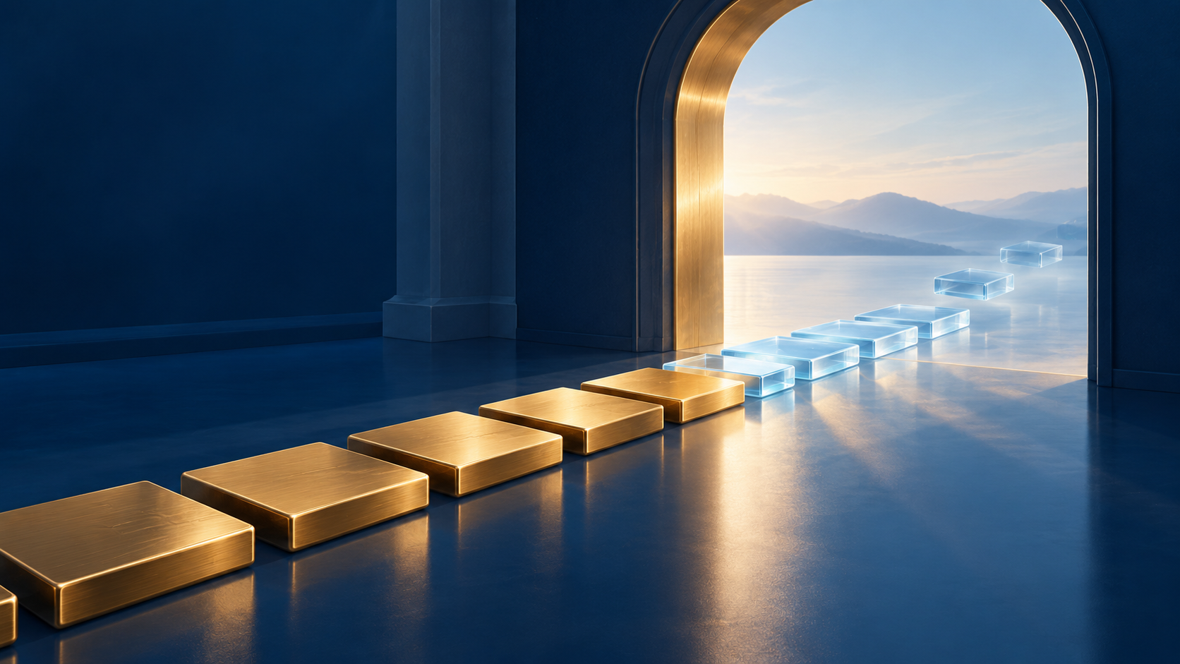 Gold and translucent blue tiles crossing a threshold, representing vested and unvested RSUs during an employment transition.
