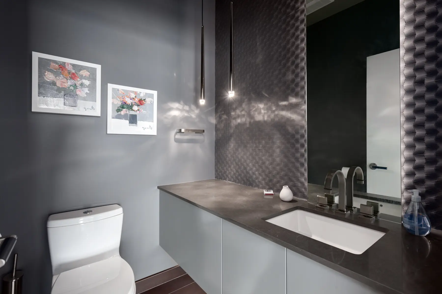 Powder room with a dark textured feature wall, floating vanity and pendant lights, Folkstone Way rebuild