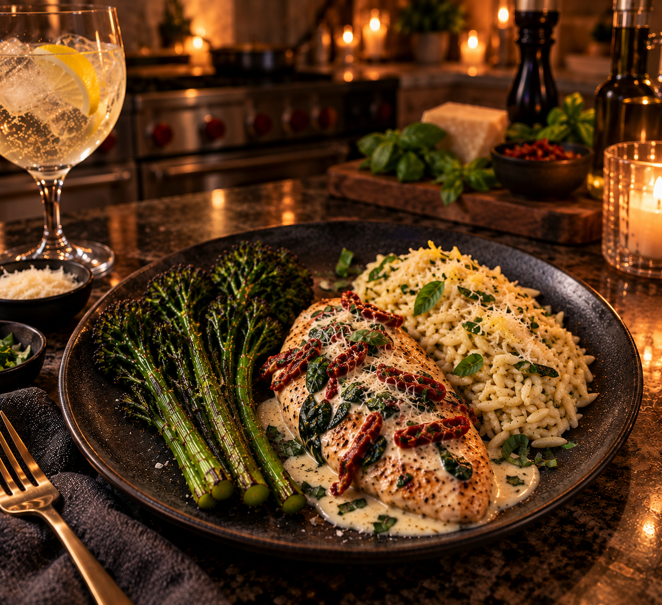 Creamy Tuscan Garlic Chicken with Lemon Herb Orzo and Roasted Broccolini