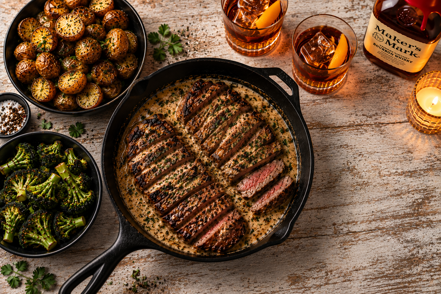 Bourbon Sirloin Steak with Bourbon Cream Sauce, Crispy Potatoes and Roasted Broccoli