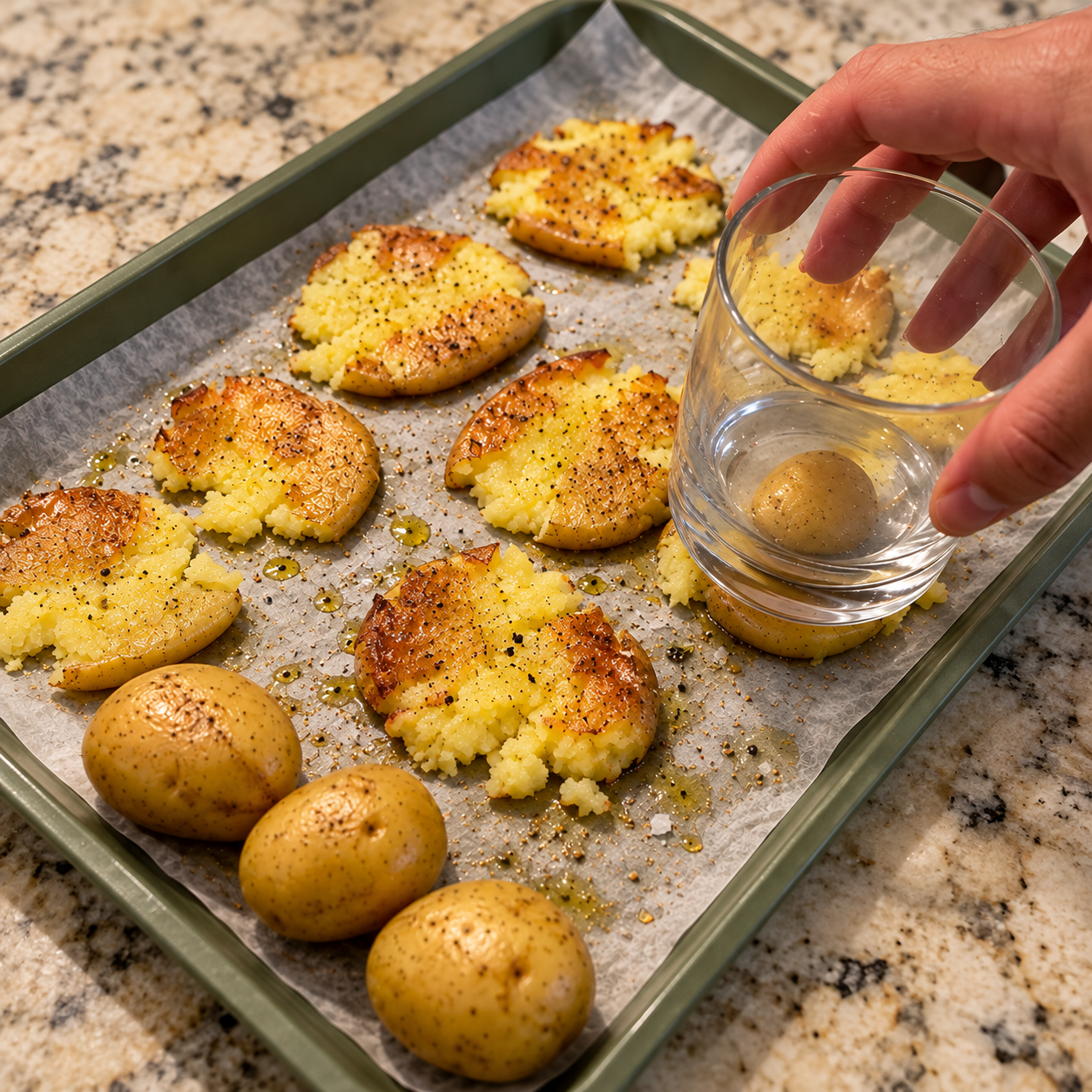 Using the bottom of a flat drinking glass to gently smash baby potatoes on a sheet pan