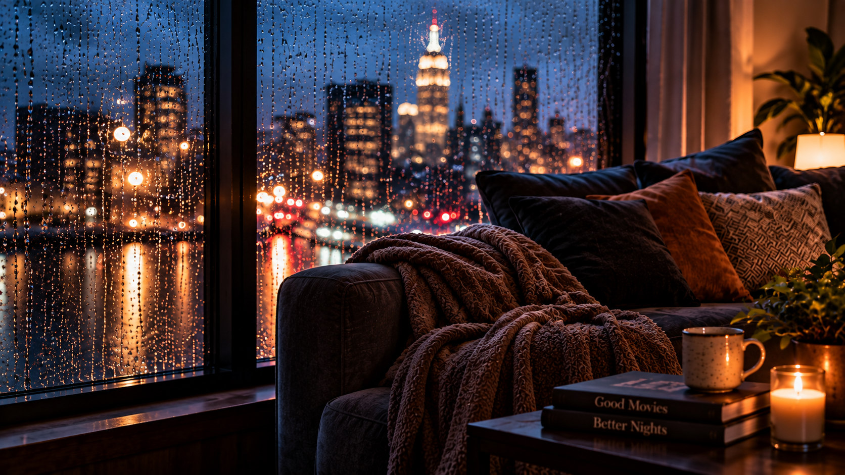 Rainy New York apartment with couch and city lights