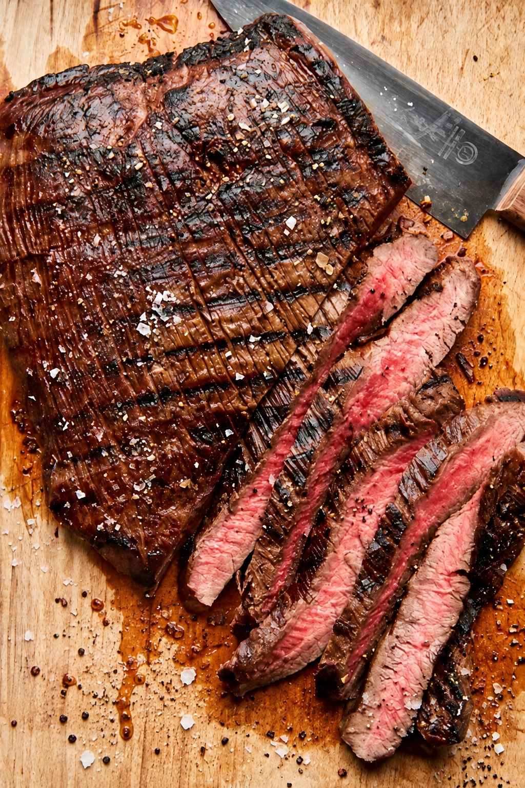 Flank steak being sliced against the grain