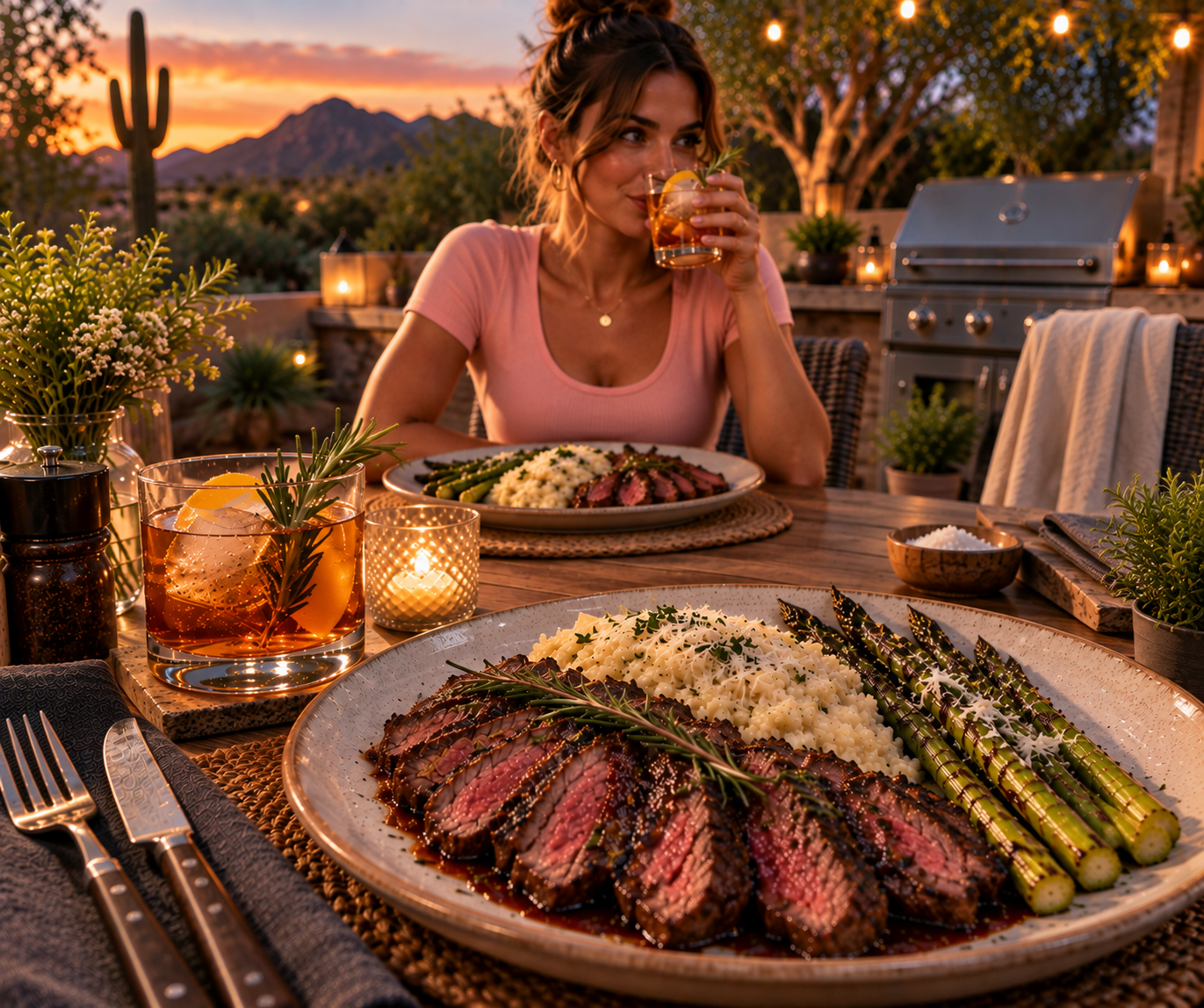 Rosemary Red Wine Flank Steak with Parmesan Risotto and Roasted Asparagus