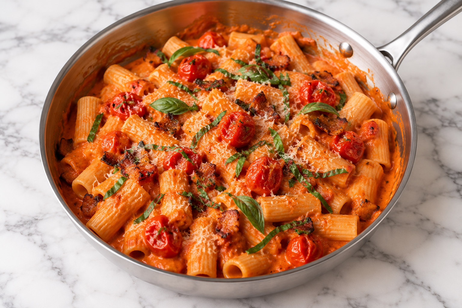 Spicy Rigatoni alla Vodka with Crispy Pancetta