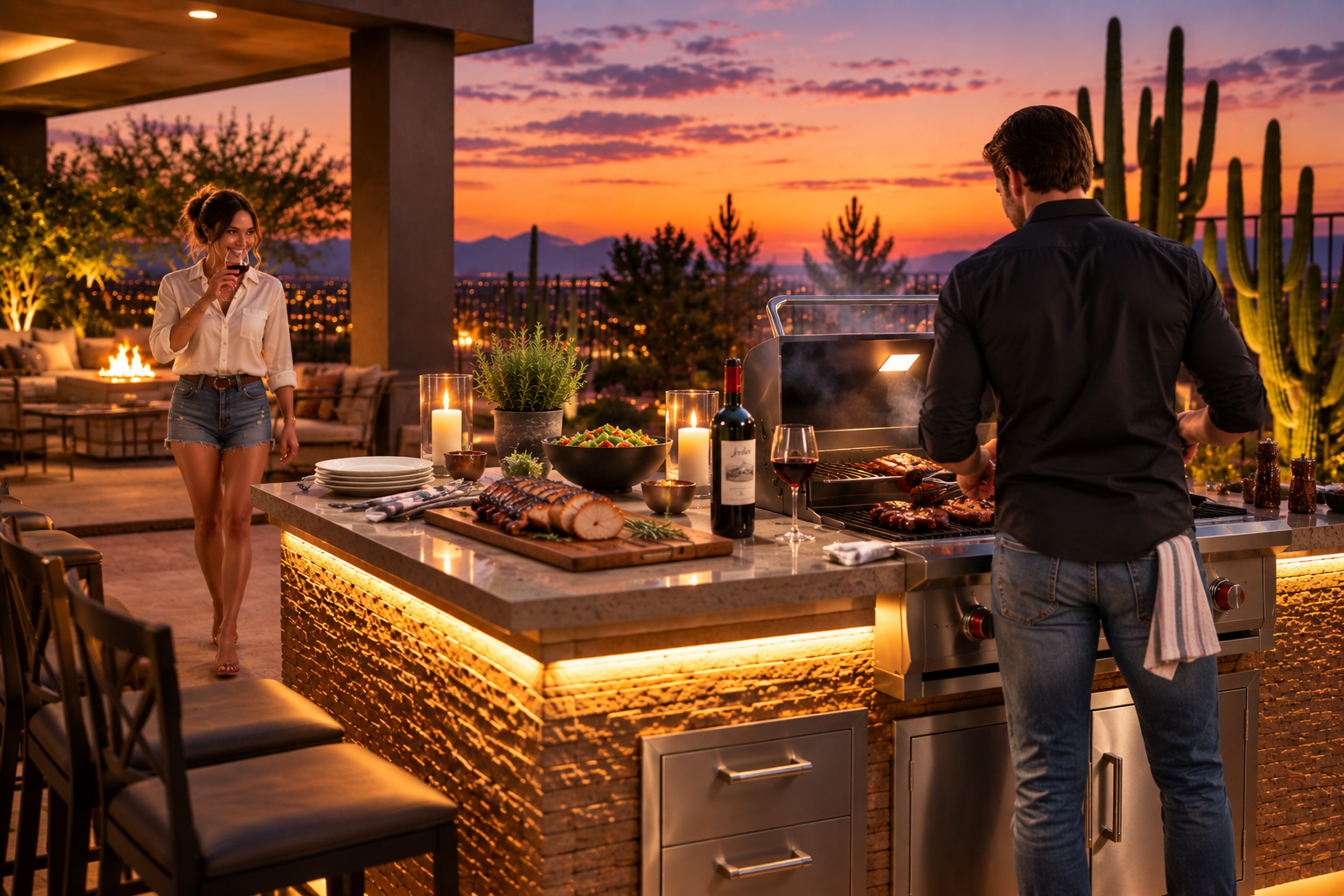 Pork grilling date night on an outdoor patio