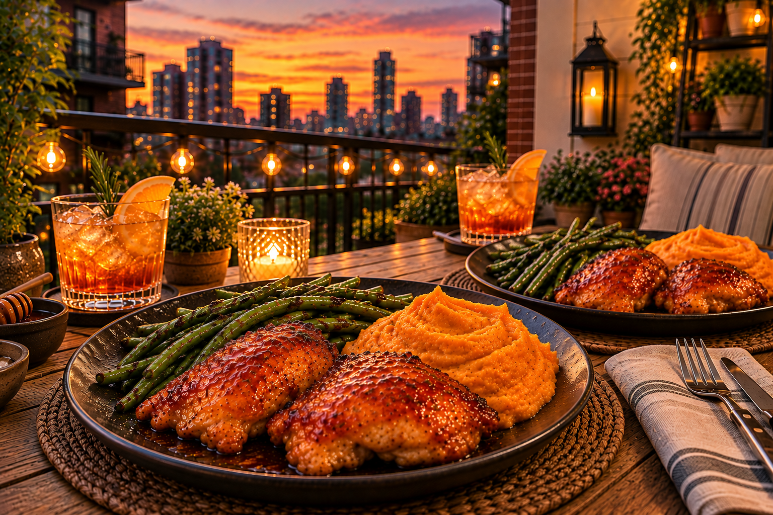 Hot Honey Chicken Thighs date night with whipped sweet potatoes and charred garlic green beans