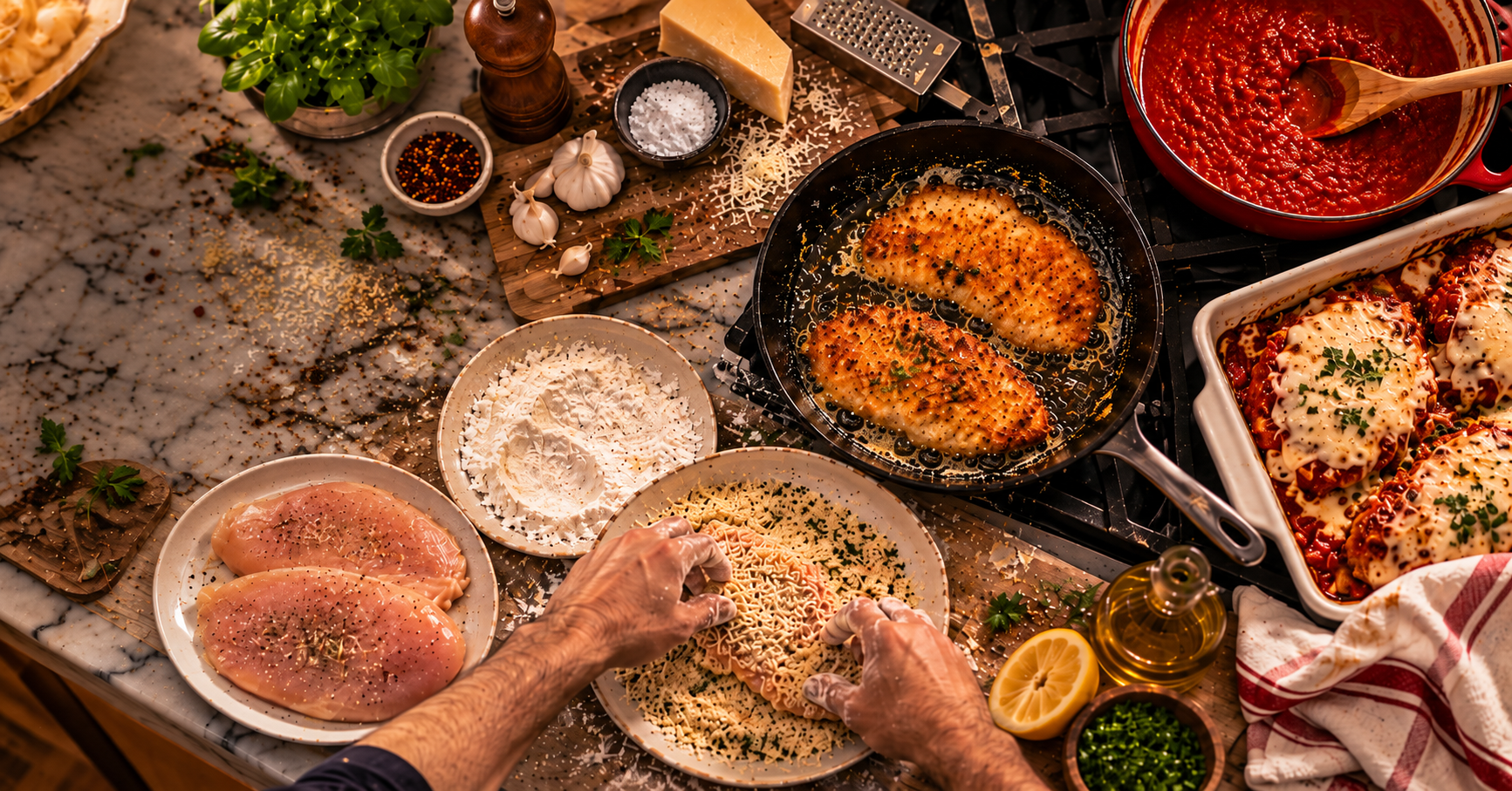 Chicken Parmesan being prepared on a kitchen counter