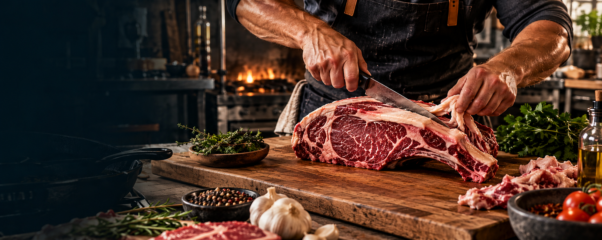 Large marbled beef tomahawk being prepared on a cutting board
