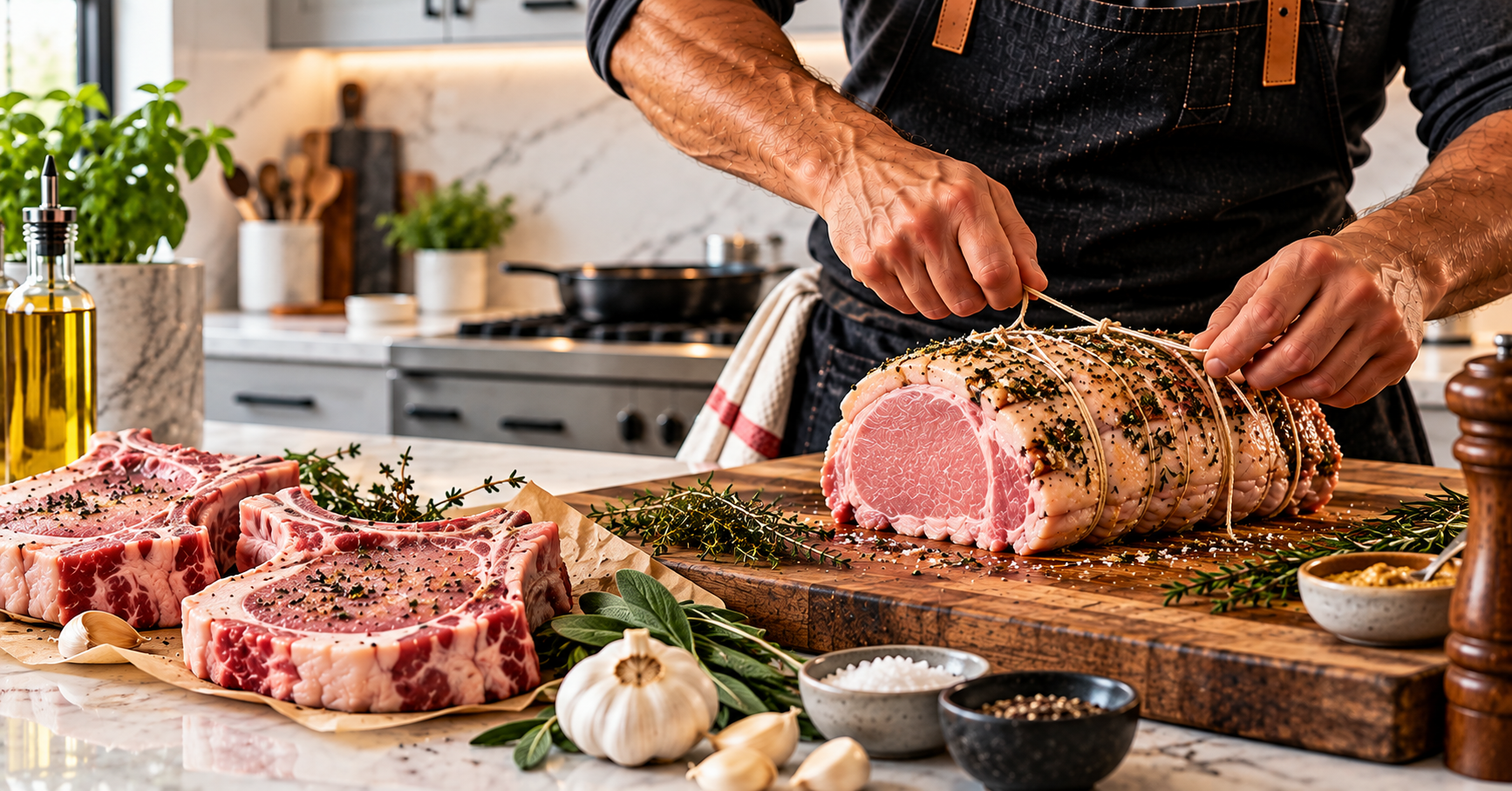 Pork roast being prepared with butcher's twine in a bright kitchen