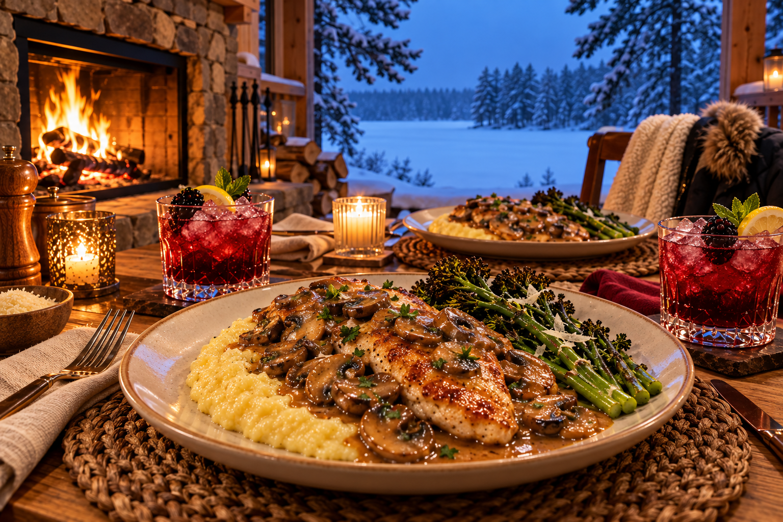 Chicken Marsala date night with creamy Parmesan polenta and pan-roasted broccolini