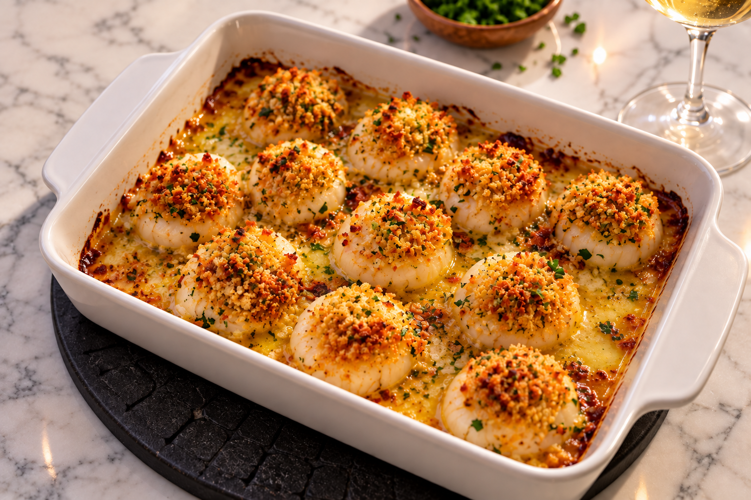 Baked Scallops in White Wine Cream Sauce