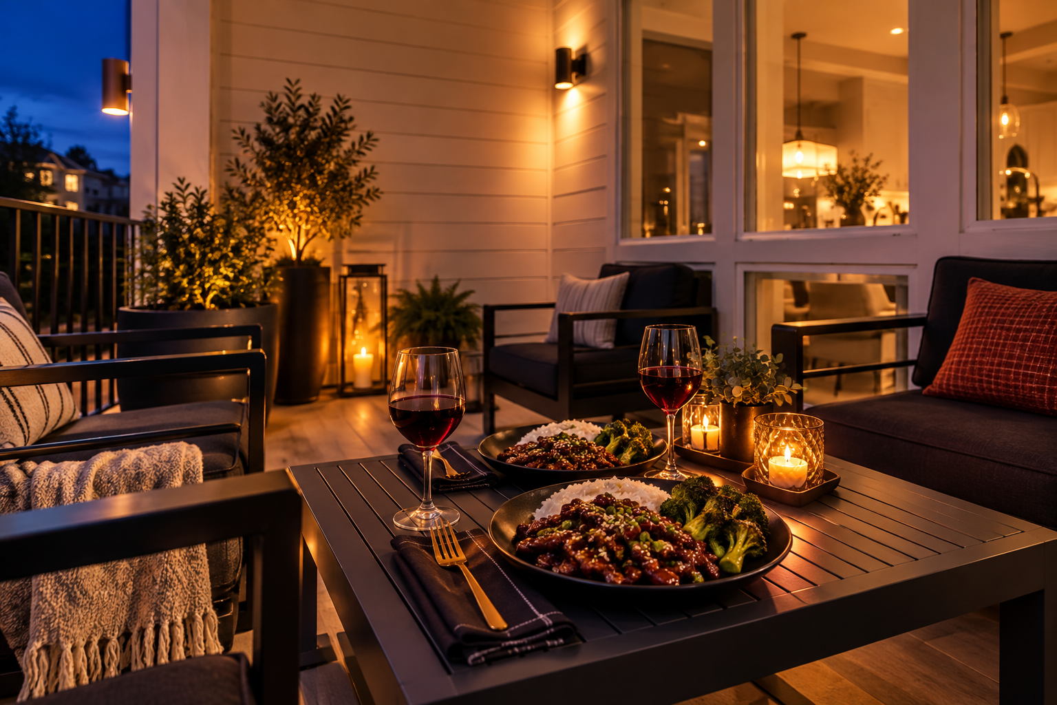 Mongolian beef date-night dinner with garlic jasmine rice, sesame roasted broccoli and Pinot Noir on a warmly lit patio