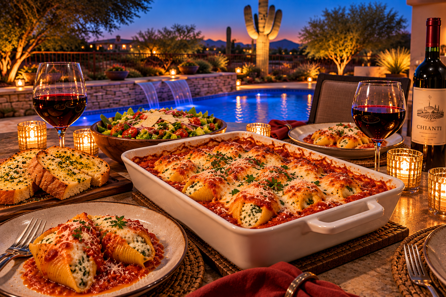 Baked Four-Cheese Stuffed Shells with Garlic Bread and Chopped Tomato-Feta Salad