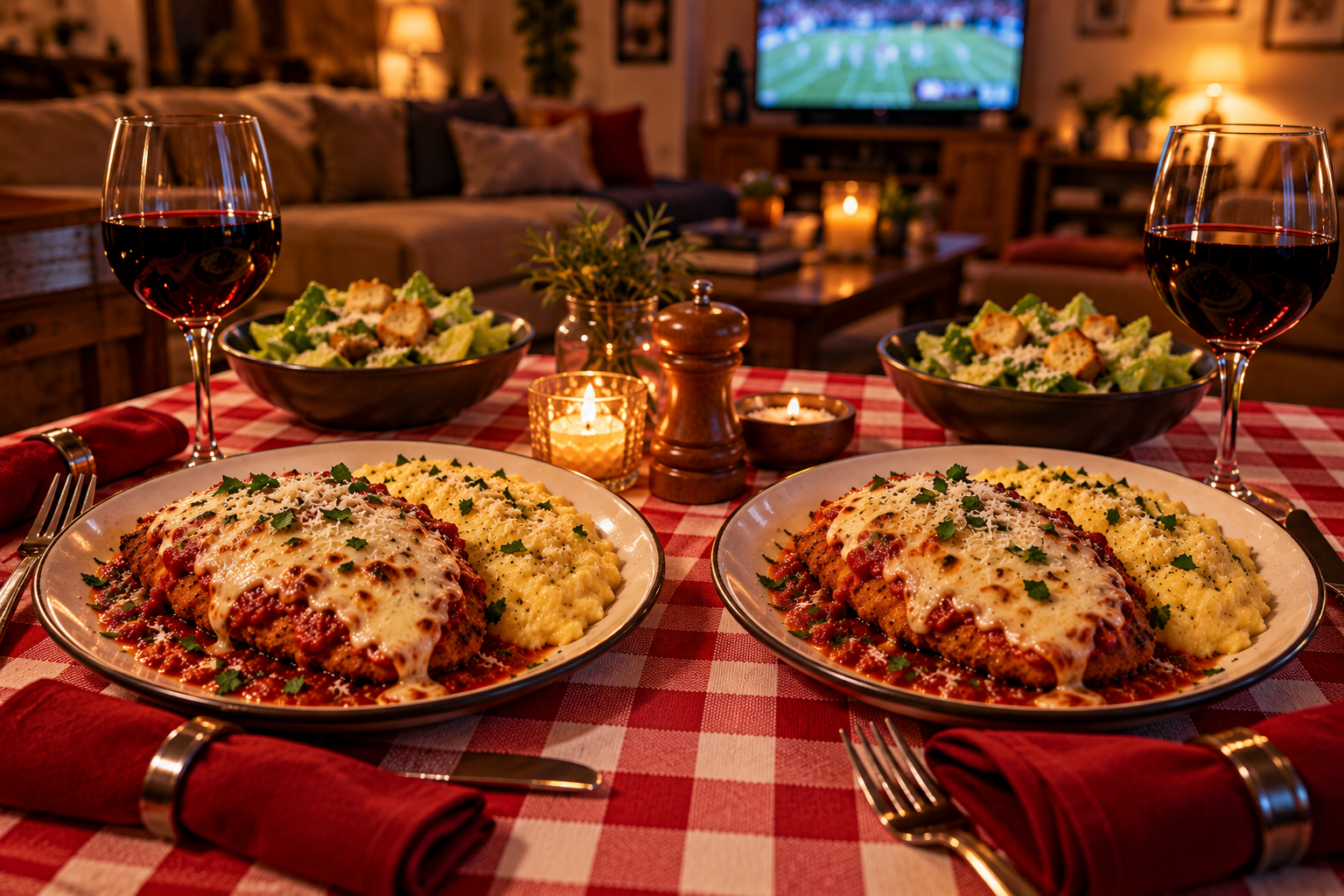Cozy Chicken Parmesan dinner for two with creamy Parmesan polenta, Caesar salad and red wine
