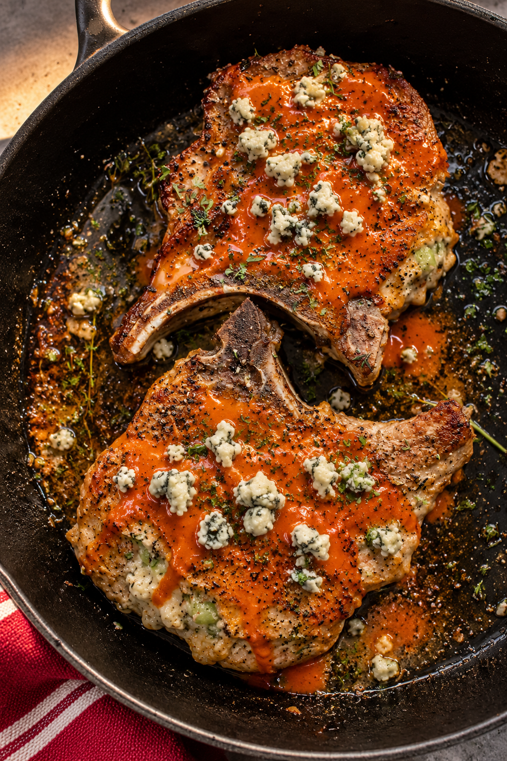 Buffalo and blue cheese stuffed pork chops with warm Buffalo butter sauce
