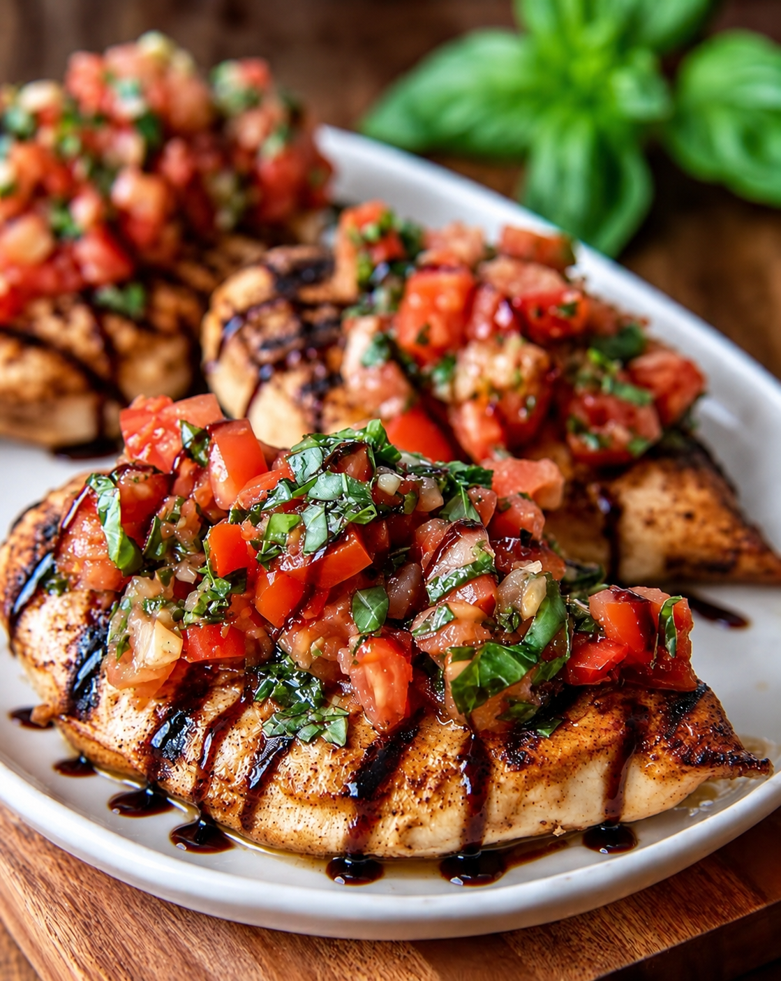 Grilled bruschetta chicken with fresh tomatoes, basil, Parmesan and balsamic glaze