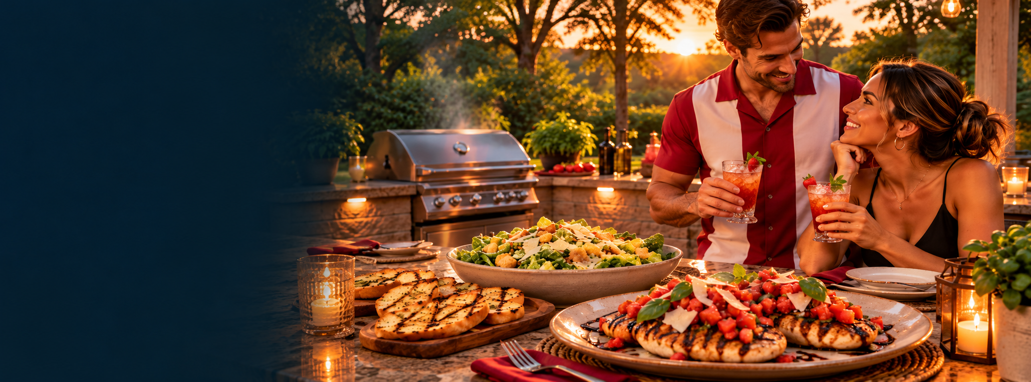 Golden-hour outdoor date night with grilled bruschetta chicken, balsamic crostini, Caesar salad and Pinot Grigio