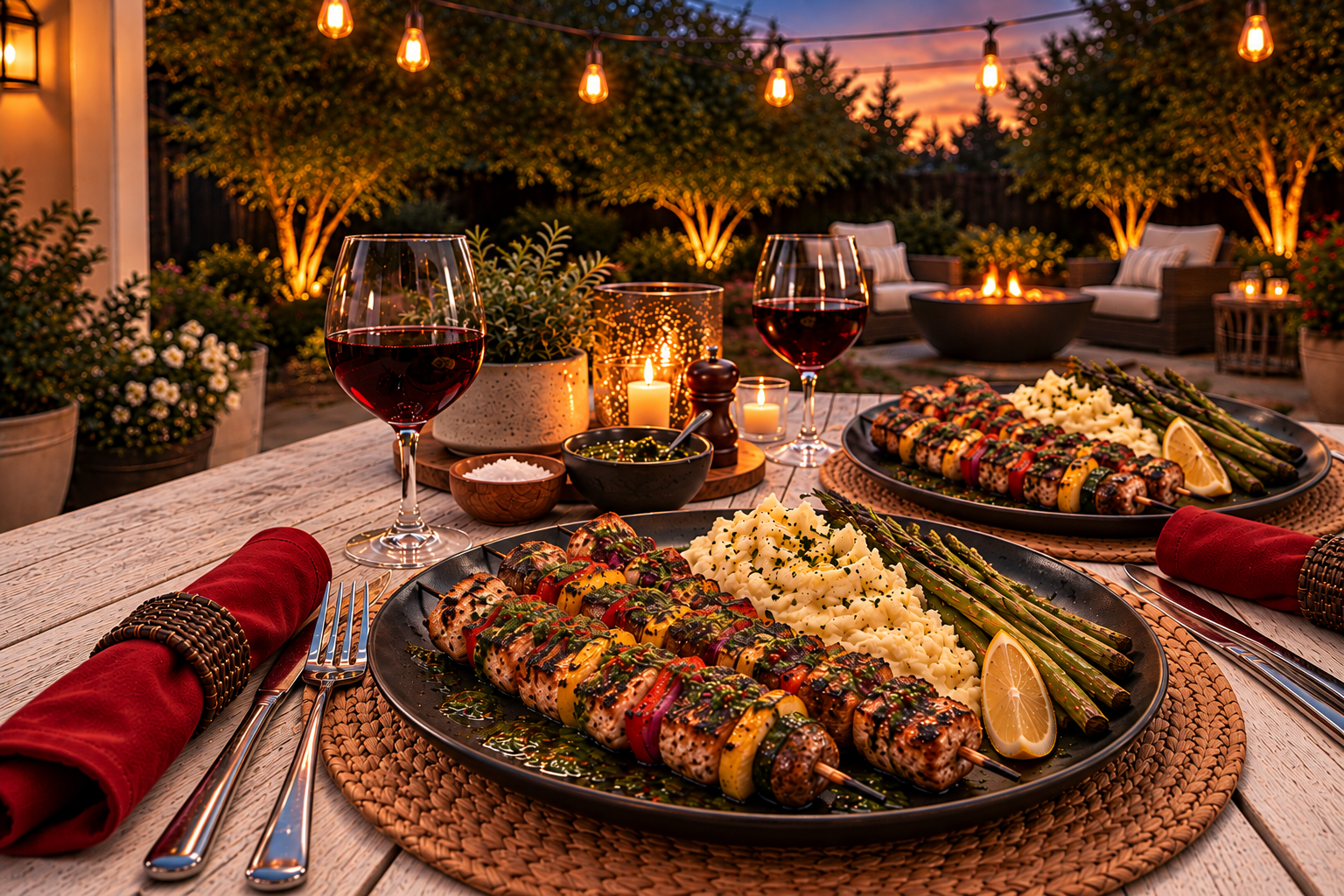 Grilled chimichurri pork kebabs with garlic butter mashed potatoes and lemon roasted asparagus at a candlelit dinner for two