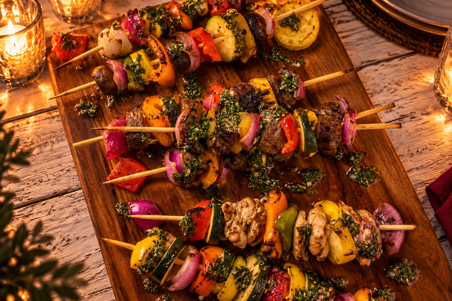 Grilled chimichurri pork tenderloin kebabs with bell pepper, red onion, summer squash and mushrooms