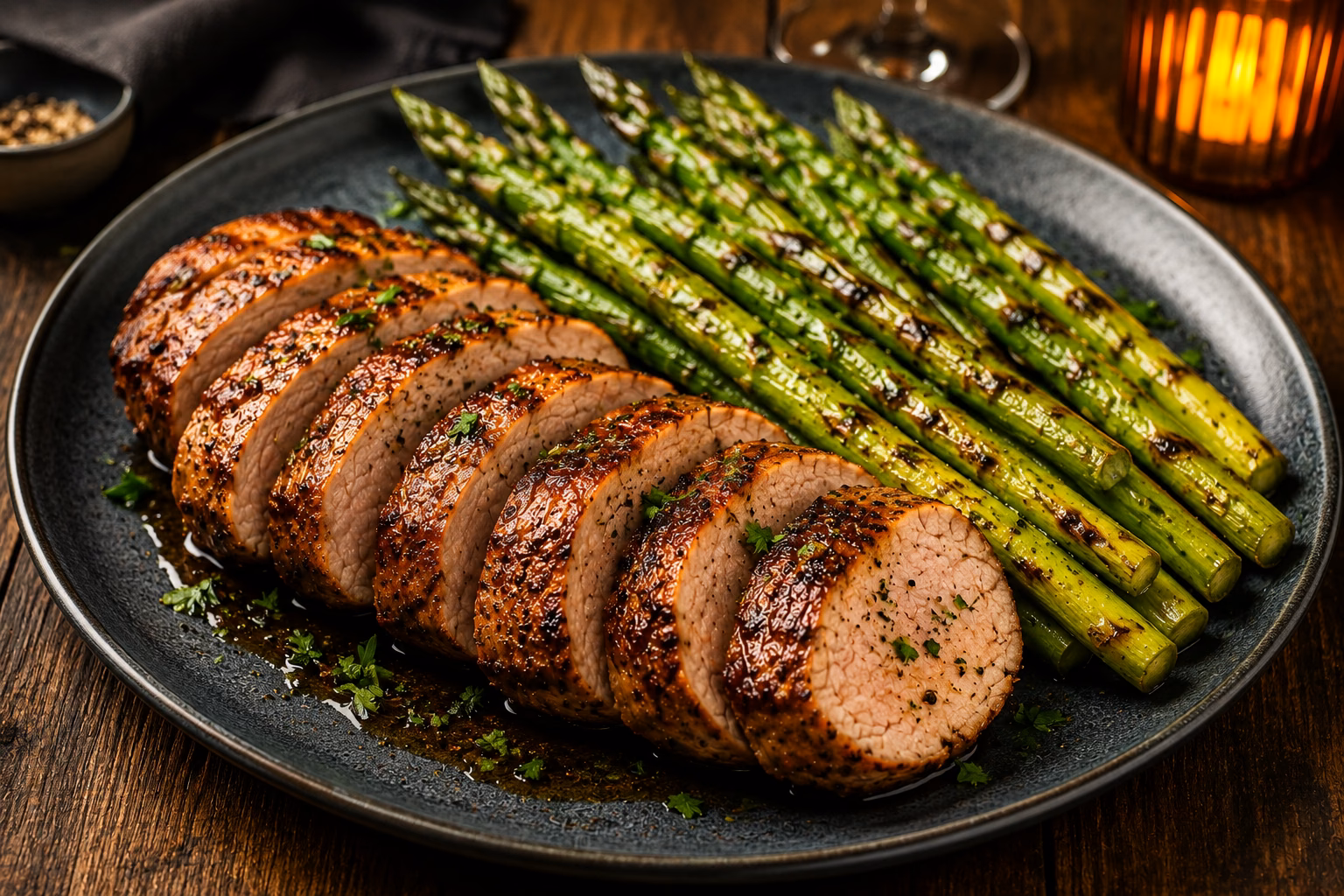 Soy-marinated pork tenderloin with grilled asparagus