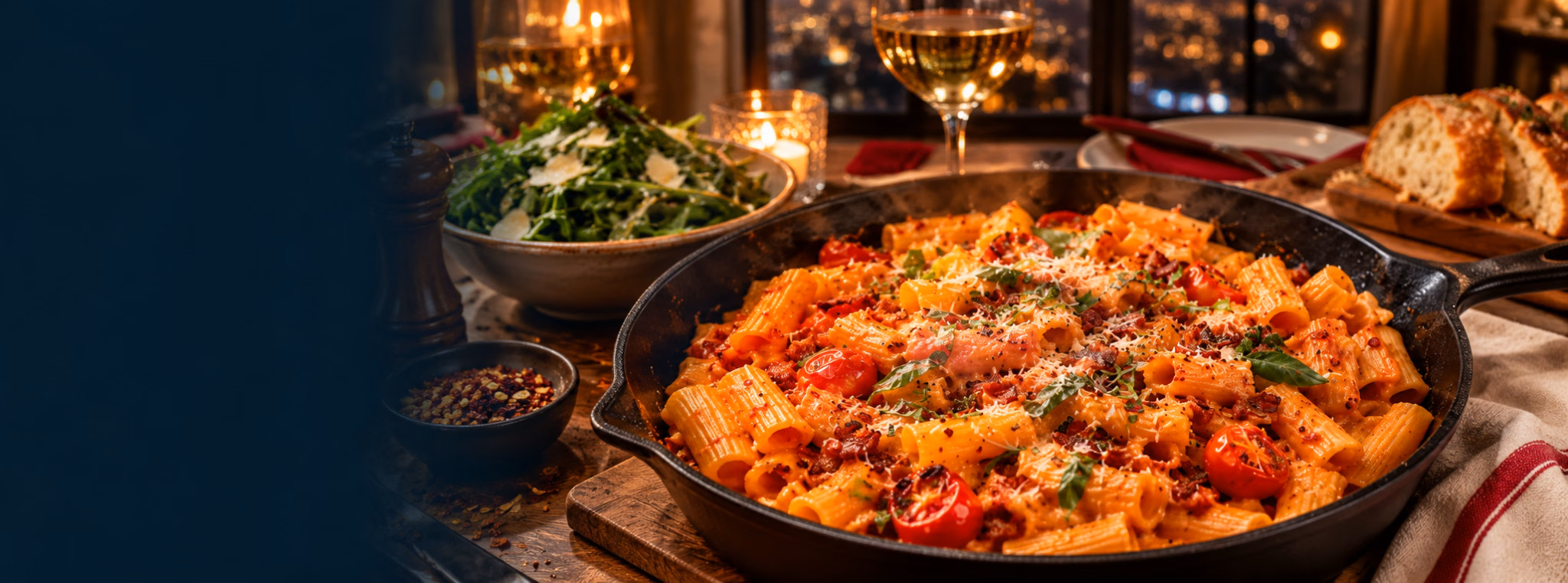 Spicy Rigatoni alla Vodka with crispy pancetta, blistered cherry tomatoes, arugula salad and warm crusty bread