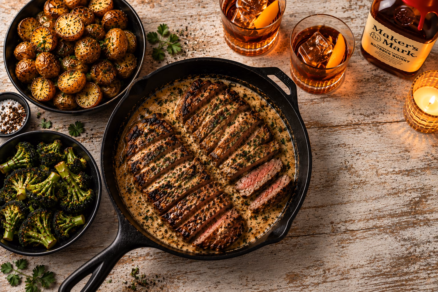 Bourbon Sirloin Steak with crispy potatoes and roasted broccoli