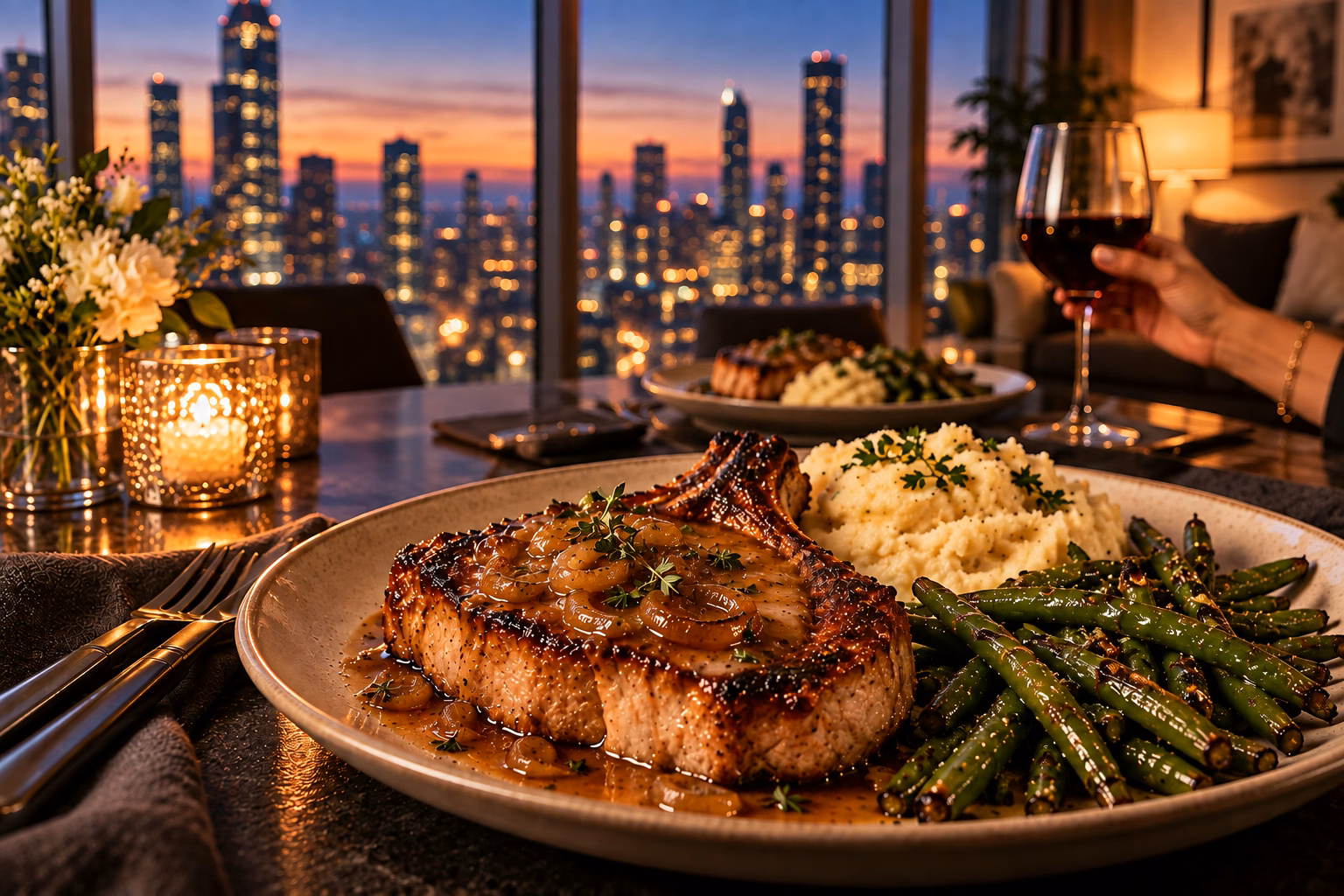 Balsamic Dijon Pork Chops with garlic mashed potatoes and roasted green beans