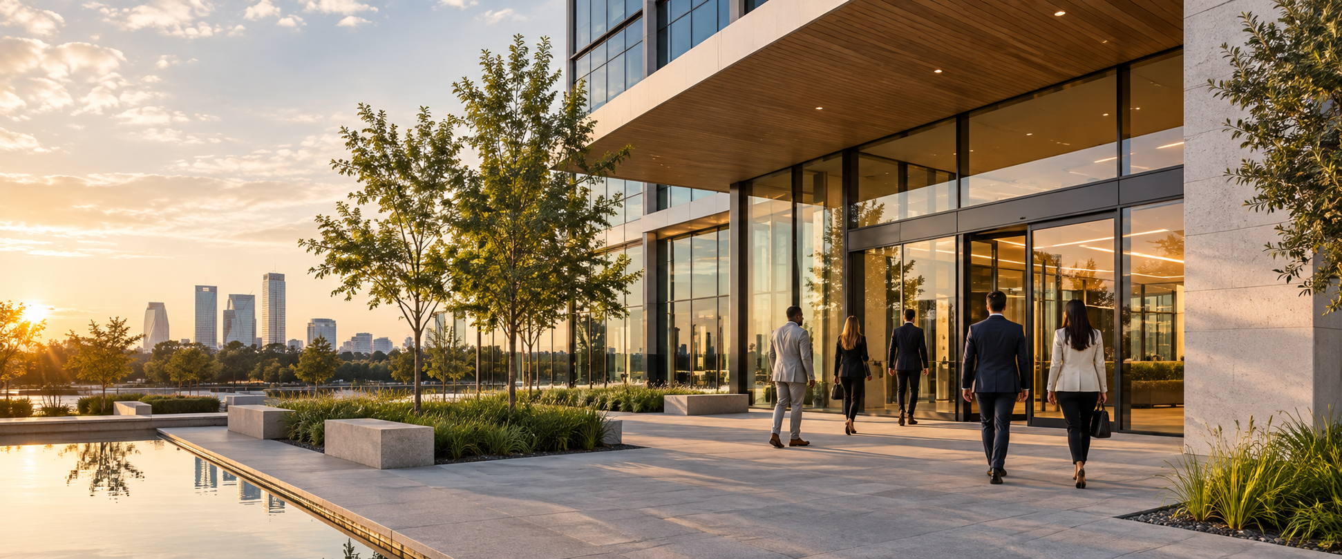 Professionals entering a modern glass and concrete office building