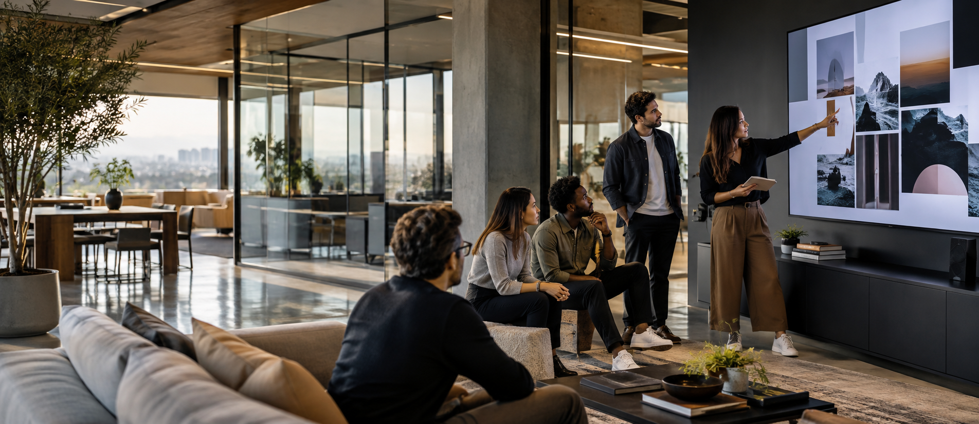 Creative team reviewing campaign concepts in a modern office