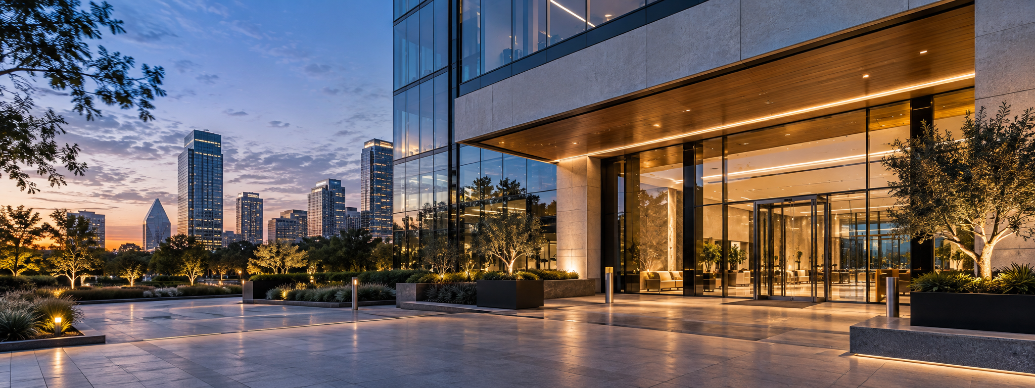Modern office building entrance at dusk