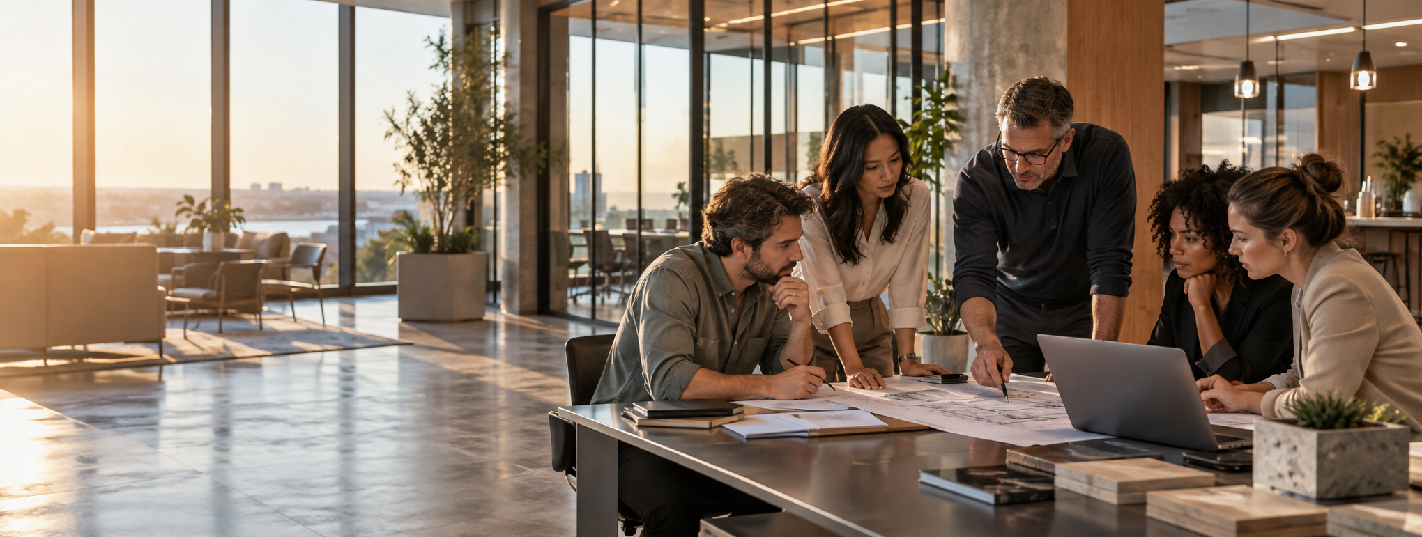 Cross-functional team collaborating around plans in a modern office