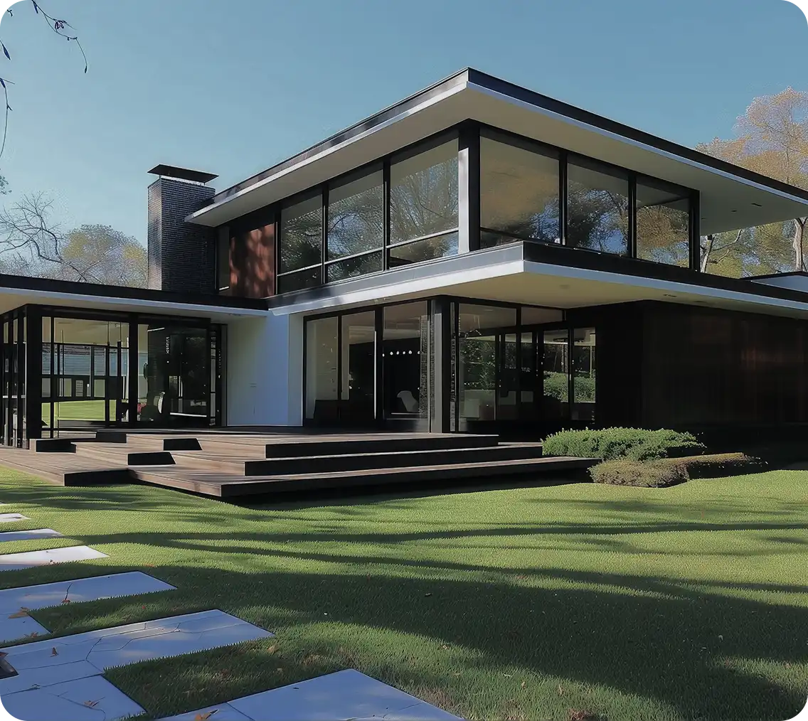 Modern two-story house with large floor-to-ceiling windows, flat roof, wooden deck steps, and a well-maintained lawn with stepping stones in the foreground under a clear blue sky.