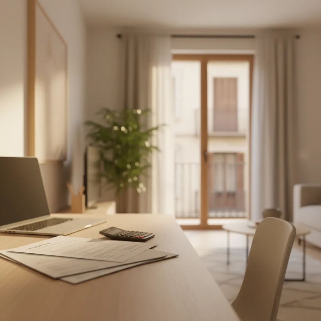 Schreibtisch mit Taschenrechner und Finanzierungsunterlagen in einer hellen Wohnung