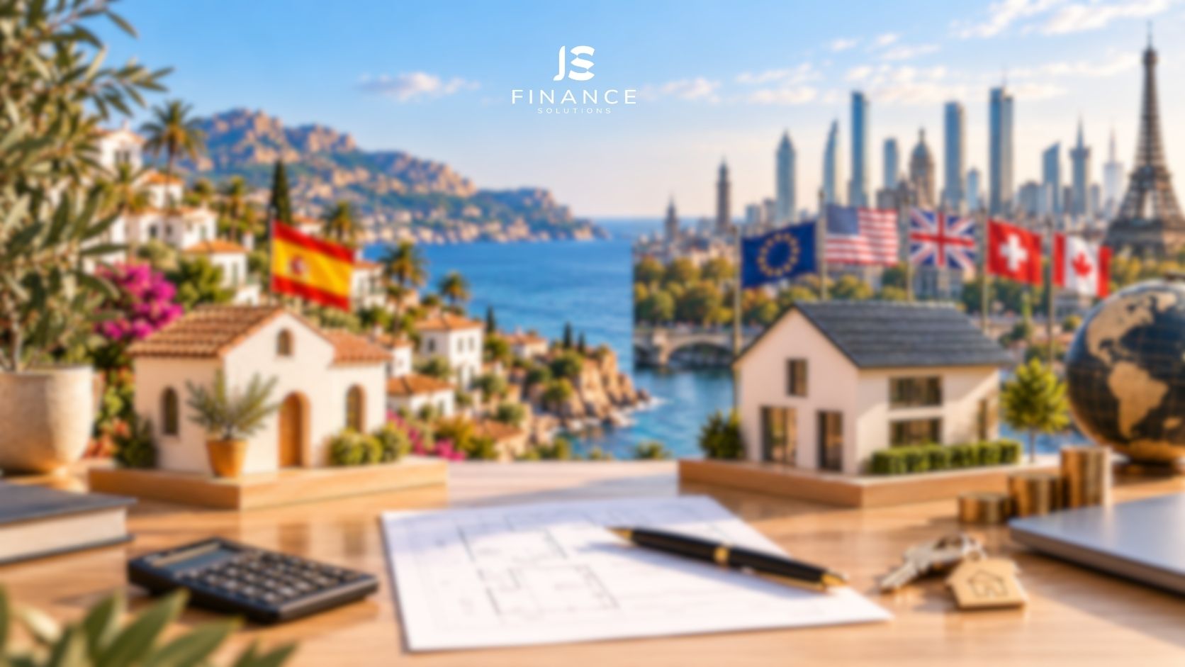 Comparison of property financing in Spain and abroad with Spanish property, mortgage documents and international finance concept