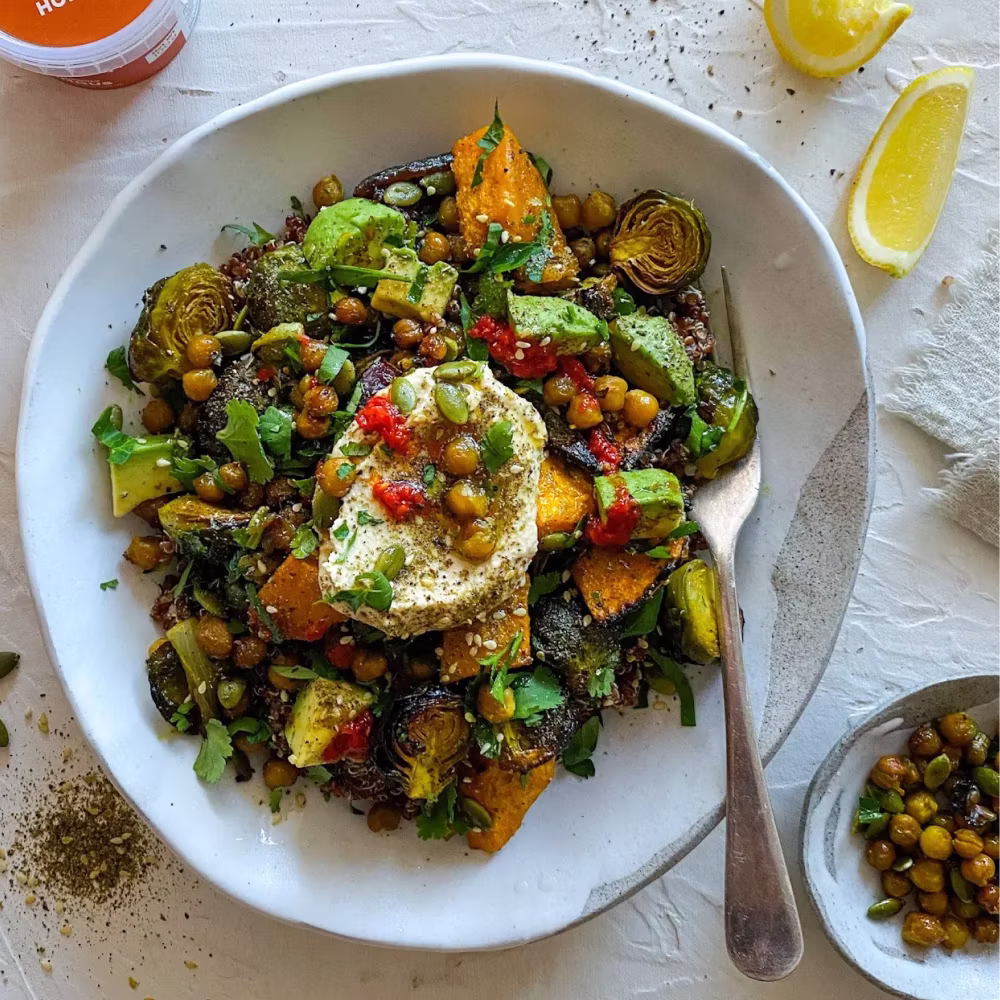 Roast Brussel Sprout, Pumpkin, Hummous & Quinoa Bowls